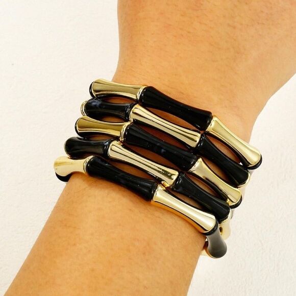 Gold and Black Bamboo-Inspired Stackable Bracelets - Picture 2 of 6